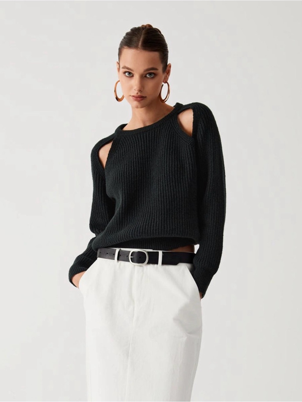 Commense Black Cutout-Shoulder Rib Knit Sweater
